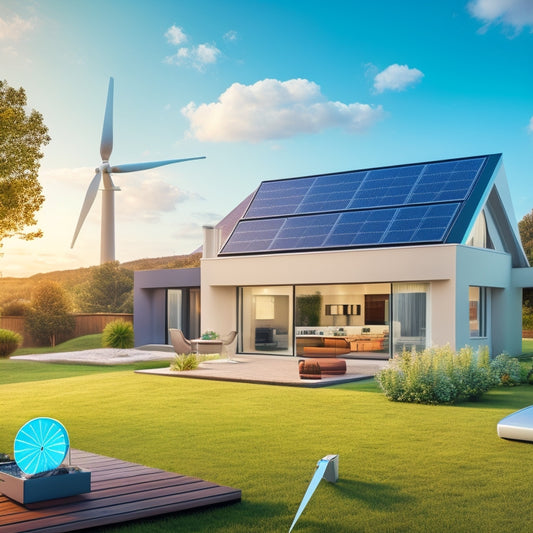 A futuristic illustration of a modern home with a small wind turbine in the backyard, surrounded by sleek tablets and smartphones displaying turbine performance data and graphs.