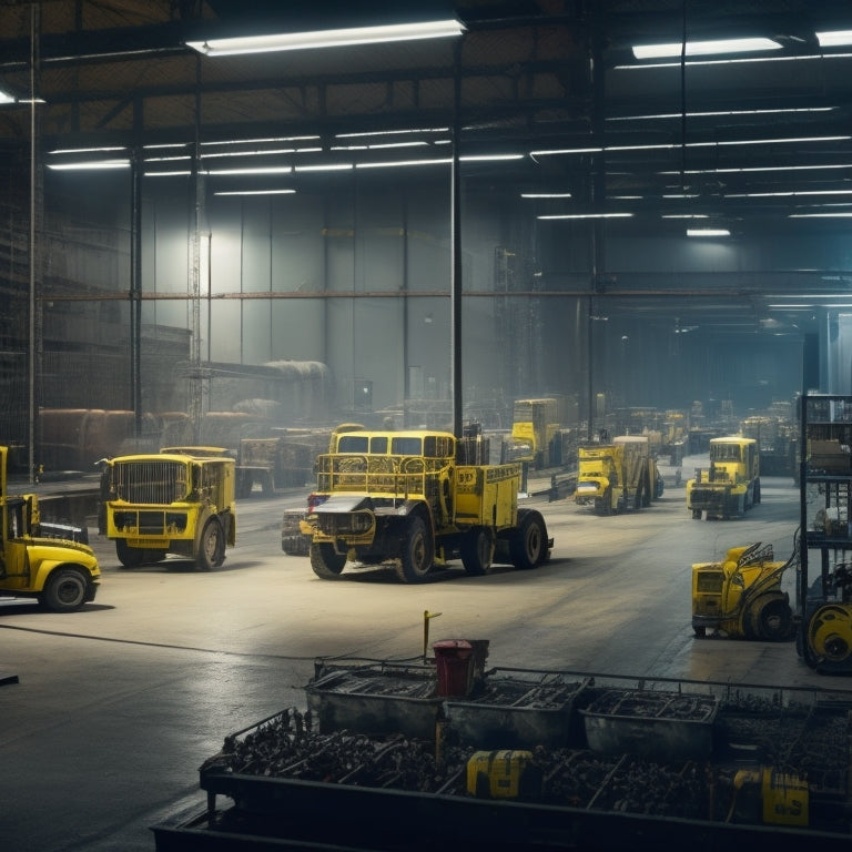 A dimly lit factory interior with rows of half-assembled electric trucks, tools and wires scattered around, workers in yellow vests and hard hats scrambling to meet production demands.