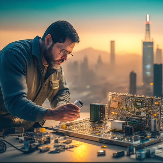 An image depicting a person in a workshop, surrounded by electronic components, holding a circuit board and a small solar panel, with a cityscape in the background, polluted with smog and haze.