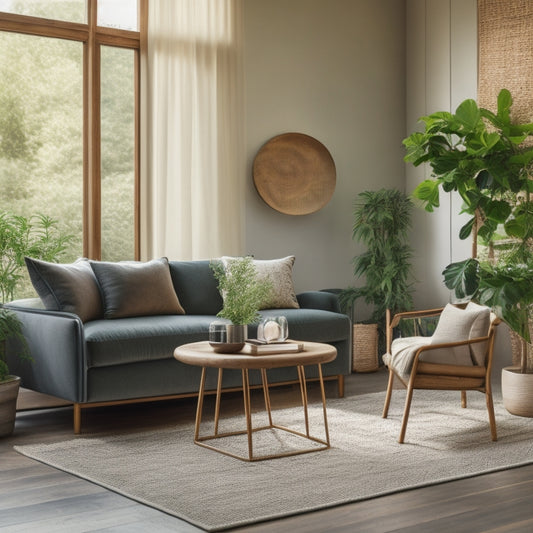 A serene, minimalist living room with a reclaimed wood coffee table, a velvet sofa made from recycled materials, and a woven rattan armchair, surrounded by lush greenery and natural light.