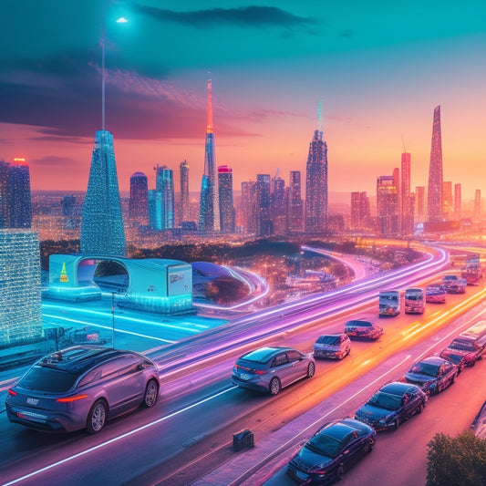 An illustration of a futuristic cityscape at dusk, with electric vehicles plugged into charging stations, surrounded by icons of energy-efficient plugs and gauges, amidst a backdrop of sparkling city lights and a subtle green glow.