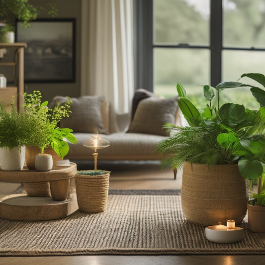 A serene, well-lit living room with a solar-powered lamp on a reclaimed wood side table, surrounded by biodegradable planters, a woven jute rug, and a few scattered potted plants with soft, golden lighting.