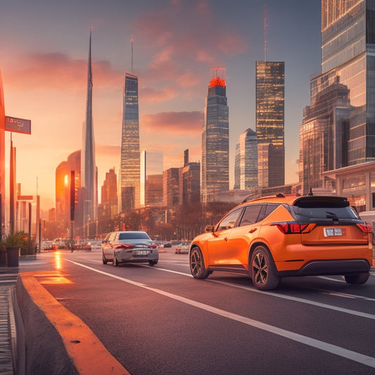 An image depicting a commercial electric vehicle (EV) station with bold, bright orange cones and caution tape surrounding it, amidst a bustling cityscape at dusk, with sleek, modern skyscrapers in the background.