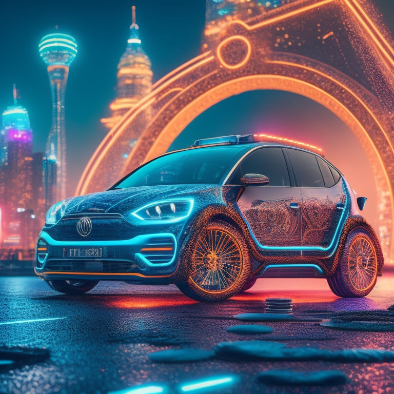 A stylized illustration of a electric vehicle surrounded by intricate, swirling patterns of coins, gears, and circuit boards, blending technology and finance in a futuristic, neon-lit cityscape.