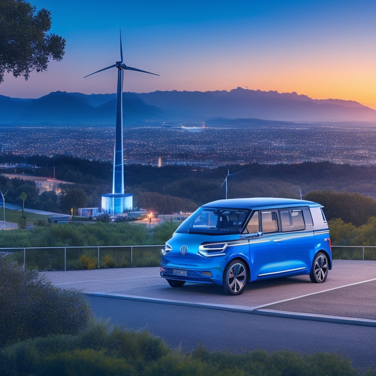 A futuristic cityscape at dusk with a sleek, electric blue VW ID Buzz van parked prominently, surrounded by lush greenery, with charging stations and wind turbines in the background.