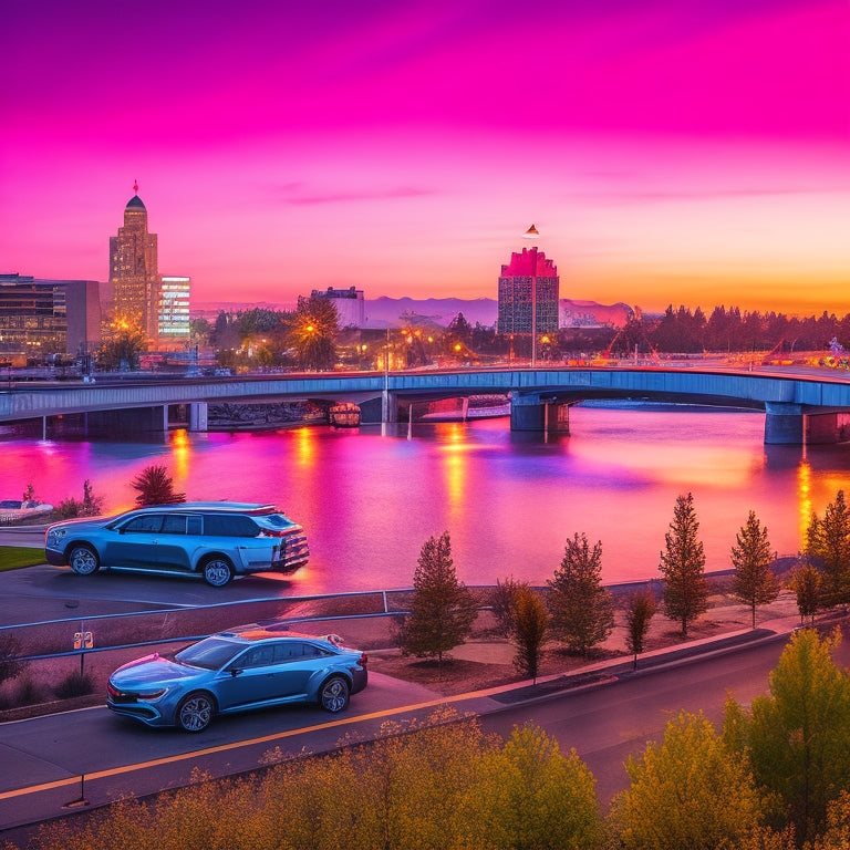 A futuristic cityscape of Spokane at dusk, with sleek, silver Chevrolet electric vehicles parked along the riverfront, surrounded by neon lights and modern architecture, under a vibrant, orange-pink sky.