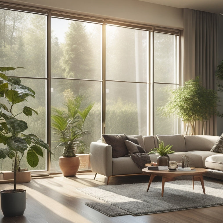 A modern living room with floor-to-ceiling windows, sleek automated blinds in a natural wood tone, and lush greenery spilling in from the balcony, bathed in soft, warm morning light.