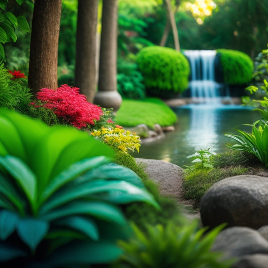 A serene garden scene with a smartphone in the foreground, surrounded by lush greenery, a partially visible irrigation system, and a subtle water droplet pattern in the background.