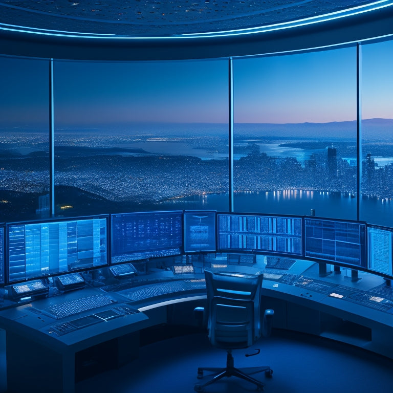 A futuristic, high-tech control room with rows of sleek, silver servers, blinking blue lights, and a massive, curved screen displaying a cityscape at dusk, with a subtle grid pattern overlay.