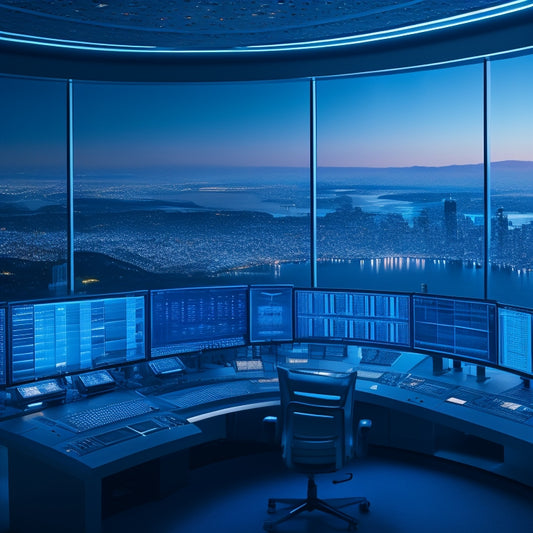 A futuristic, high-tech control room with rows of sleek, silver servers, blinking blue lights, and a massive, curved screen displaying a cityscape at dusk, with a subtle grid pattern overlay.