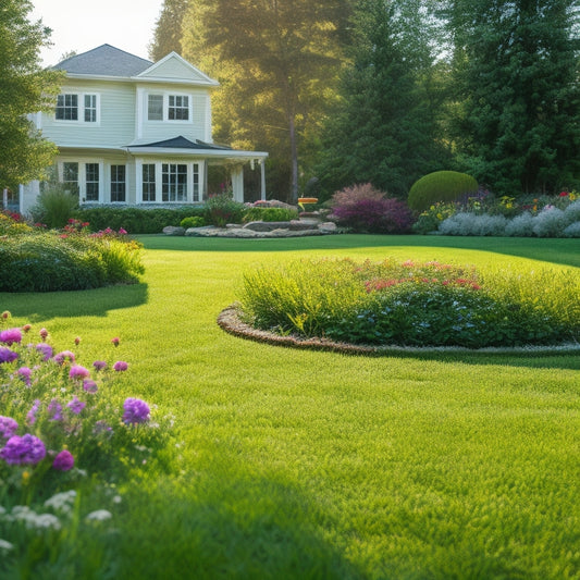 A serene suburban lawn with a perfectly edged garden bed, surrounded by vibrant flowers and lush greenery, featuring a battery-powered lawn edge trimmer lying on the grass, with a subtle shadow.