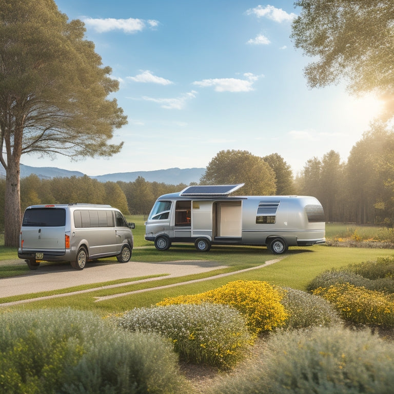 A serene, sun-kissed landscape with a sleek, silver electric van parked in front of a modern, sustainable home, surrounded by blooming greenery, with three solar panels installed on the van's roof.