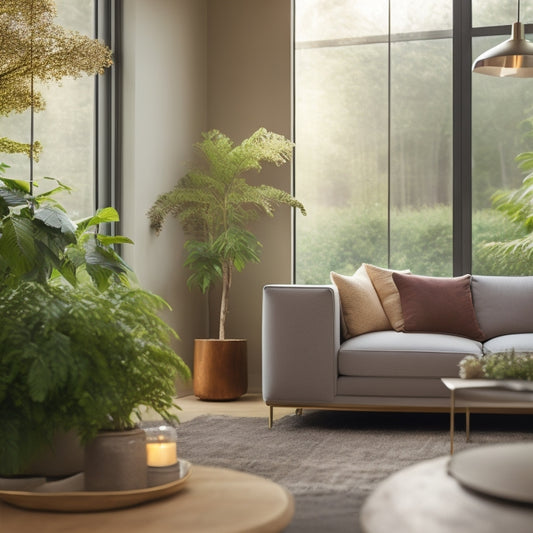A serene living room with lush greenery, a sleek air purifier with a natural wood finish, and a subtle hint of mist in the air, surrounded by calming earth tones and soft, warm lighting.