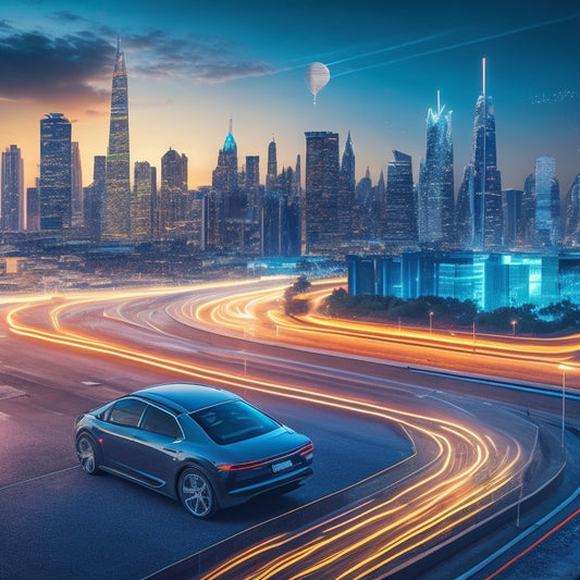 An illustration featuring a stylized, futuristic cityscape with sleek electric vehicles zipping by, amidst a backdrop of rising charts and graphs, surrounded by sparks and circuit boards.