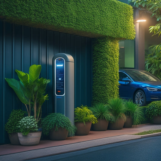 An image of a sleek, modern electric vehicle parked beside a vertical planter with lush greenery, next to a compact EV charging station with a subtle LED glow.