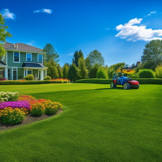 A serene suburban lawn with a solar-powered lawnmower, trimmer, and edger, surrounded by lush green grass, vibrant flowers, and a few scattered leaves, under a bright blue sky with fluffy white clouds.