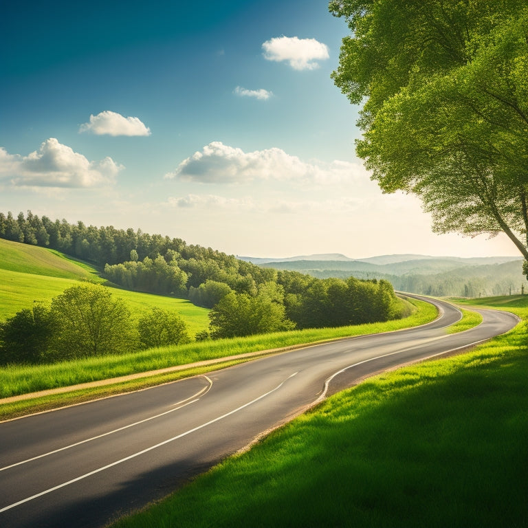 A serene landscape with a winding road, lined with lush green trees, and a sleek, eco-friendly car in the distance, emitting a faint green glow, amidst a bright blue sky with a few fluffy white clouds.