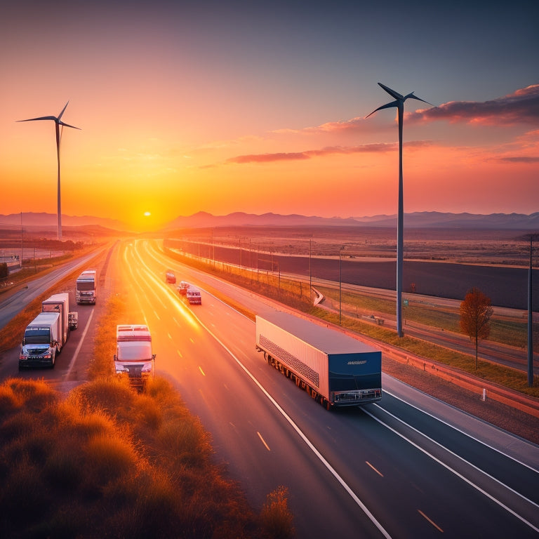 A futuristic highway landscape at sunset with sleek, electric trucks in various colors speeding by, their LED lights glowing, amidst a subtle cityscape with wind turbines and solar panels in the background.