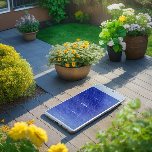 A sunny backyard with a rooftop solar panel installation, a smartphone lying on a garden table displaying a graph with rising and falling lines, surrounded by blooming flowers and a few scattered leaves.