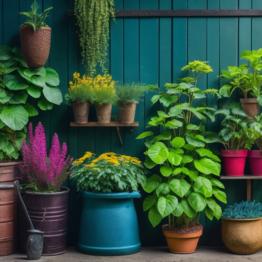 A lush, thriving vertical garden with a variety of vibrant green plants and colorful blooms, surrounded by eco-friendly fertilizer packets and a small watering can, set against a natural stone or reclaimed wood backdrop.