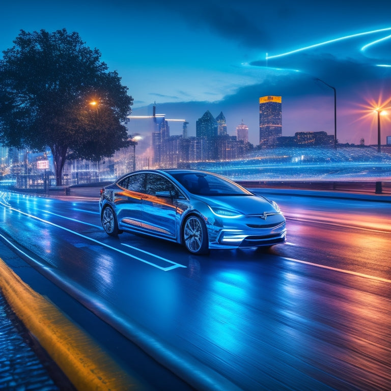 An illustration of a sleek, silver electric car in motion, surrounded by swirling blue lines tracing its GPS route, set against a dark gray cityscape at dusk with neon lights reflecting off wet pavement.