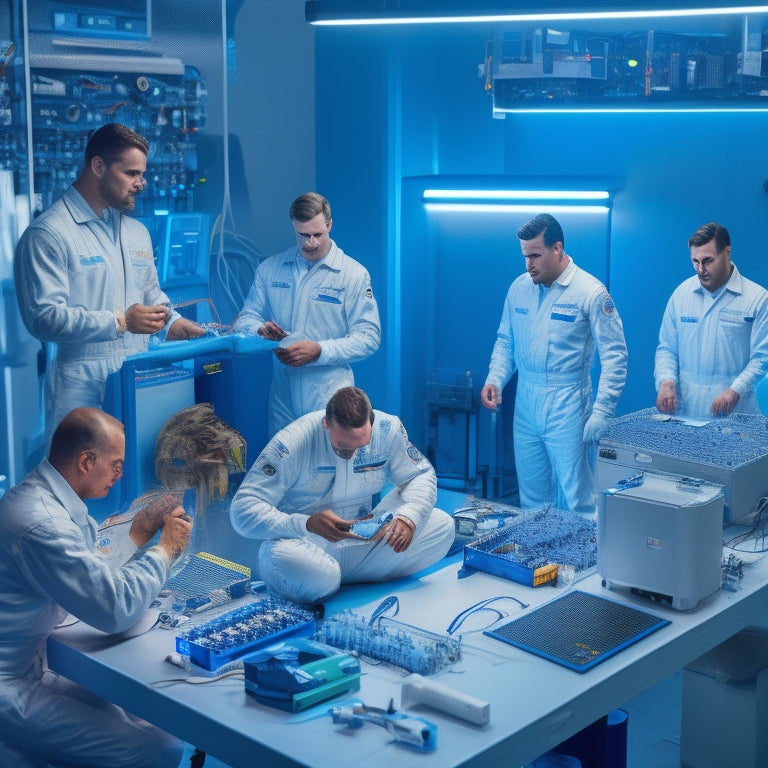 A futuristic garage scene with a Ford electric vehicle on a lift, surrounded by technicians in white jumpsuits, with tablets and diagnostic tools, amidst a backdrop of circuit boards and electrical diagrams.