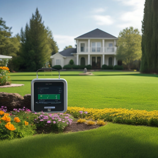 A serene backyard scene: lush green grass, vibrant flowers, and a few trees surrounding a modern, sleek smart irrigation controller with a tablet displaying a customized watering schedule.