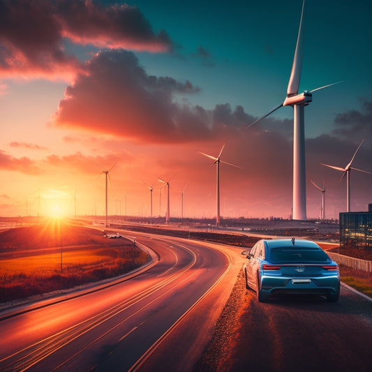 A futuristic cityscape at dusk with sleek, aerodynamic electric cars zipping by, their LED lights illuminating the road, amidst a backdrop of wind turbines and solar panels.
