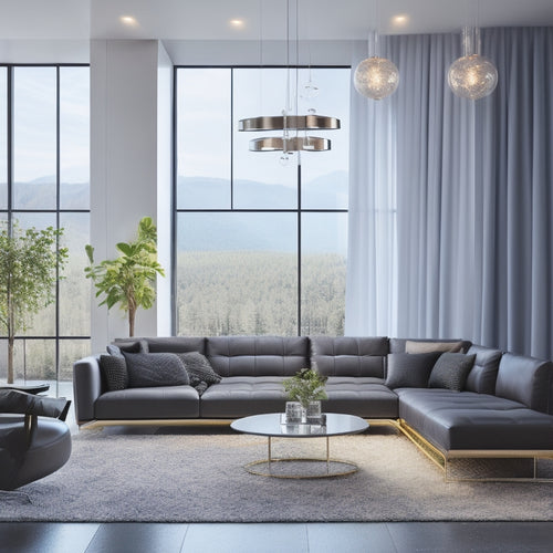 A modern living room with sleek, minimalist decor, featuring a stunning LED chandelier with gleaming chrome accents, suspended above a low-profile sectional sofa, surrounded by floor-to-ceiling windows.