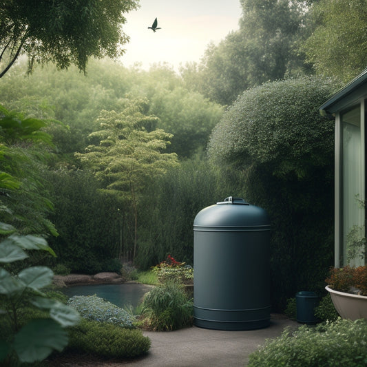 A serene residential backyard scene with a modern, sleek rainwater collection system: a large, cylindrical tank, connected to a roof gutter, surrounded by lush greenery and a few birds perched nearby.