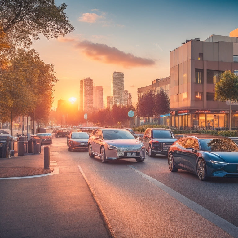 A panoramic cityscape at dusk with sleek, modern electric cars of varying colors and models parked along a bustling street, surrounded by vibrant greenery and futuristic lamp posts.