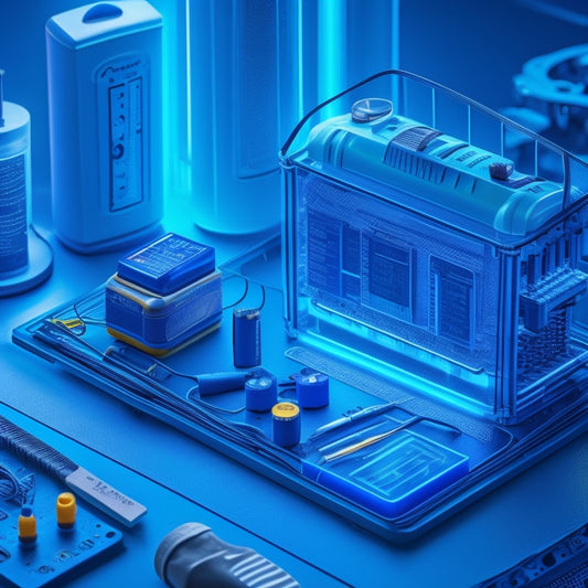 A stylized illustration of a home battery with glowing blue circuits, surrounded by maintenance tools like a screwdriver, wrench, and multimeter, set against a clean, minimalist background with subtle grid patterns.