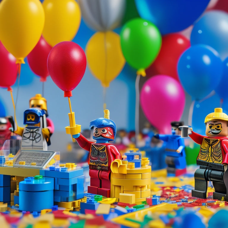 A vibrant, colorful illustration featuring a bustling online forum scene with LEGO minifigures gathered around computer screens, amidst confetti and balloons, surrounded by MOC displays and contest trophies.