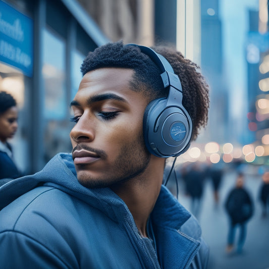 A serene individual sits in a bustling city, surrounded by blurred-out people and cars, wearing sleek solar-powered headphones with glowing blue accents, eyes closed in relaxation.