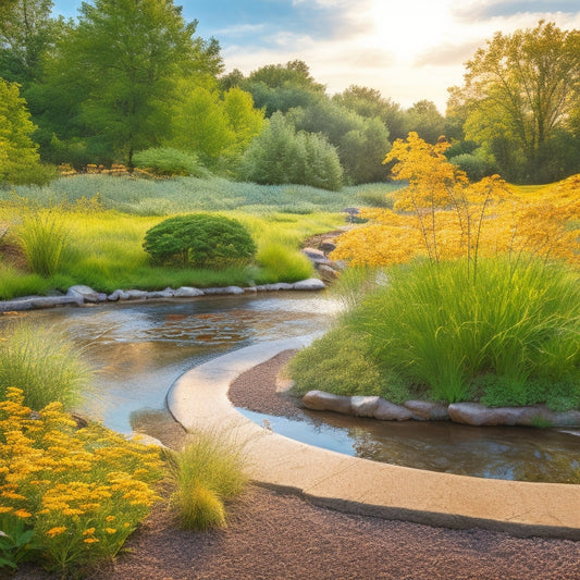 A serene, curved rain garden with lush native plants, tranquil water ripples, and a meandering stone pathway, surrounded by a thriving ecosystem, set against a soft, sunny afternoon sky.