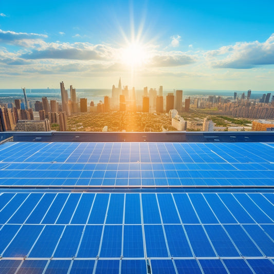 An aerial view of a commercial rooftop with a sleek, modern solar panel array, surrounded by city skyscrapers, with a bright blue sky and fluffy white clouds.