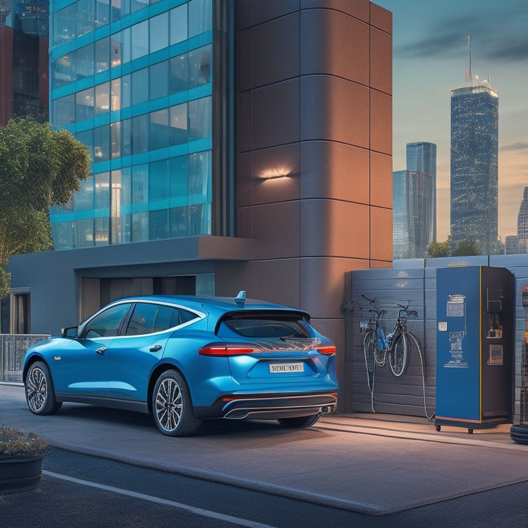 An illustration of a residential garage with an electric vehicle plugged into a wall-mounted charger, surrounded by decreasingly sized money stacks, with a cityscape in the background showing fewer charging stations.