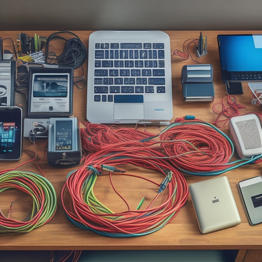 An illustration of a messy desk with tangled cords and multiple power strips, transformed into a tidy space with a single, slim power strip and organized cables, highlighting energy efficiency.