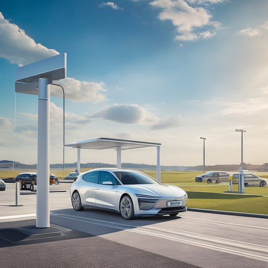 An illustration of a sleek, silver electric vehicle parked in front of a modern, white charging station with a backdrop of a sunny sky and a rooftop solar panel array in the distance.