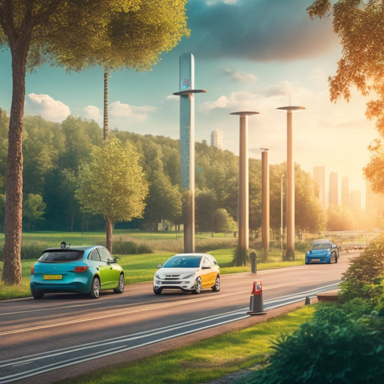 An illustration of a highway with multiple electric vehicles charging at a futuristic charging station, surrounded by lush greenery, with a subtle cityscape in the background.