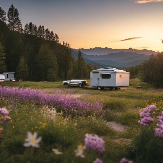 A scenic RV campsite at sunset with a composting toilet in the foreground, surrounded by lush greenery and a few wildflowers, with a faint mountain range in the background.