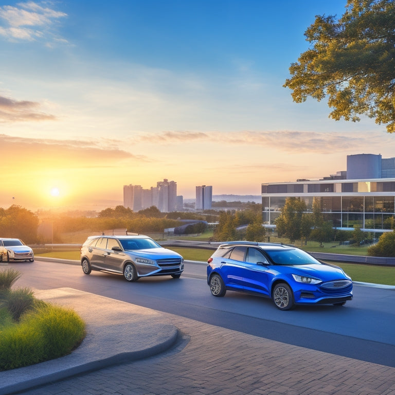 A serene cityscape at dawn with a Plaza Ford dealership in the foreground, featuring a row of sleek, eco-friendly vehicles, including a hybrid SUV and electric car, amidst lush greenery and a bright blue sky.