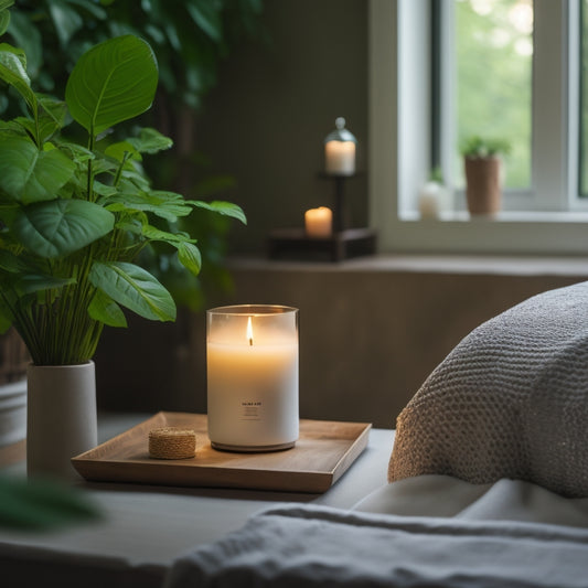 A serene bedroom with a subtle, modern air purifier on a bedside table, surrounded by lush greenery, a few candles, and a peaceful, sleeping figure in the background.