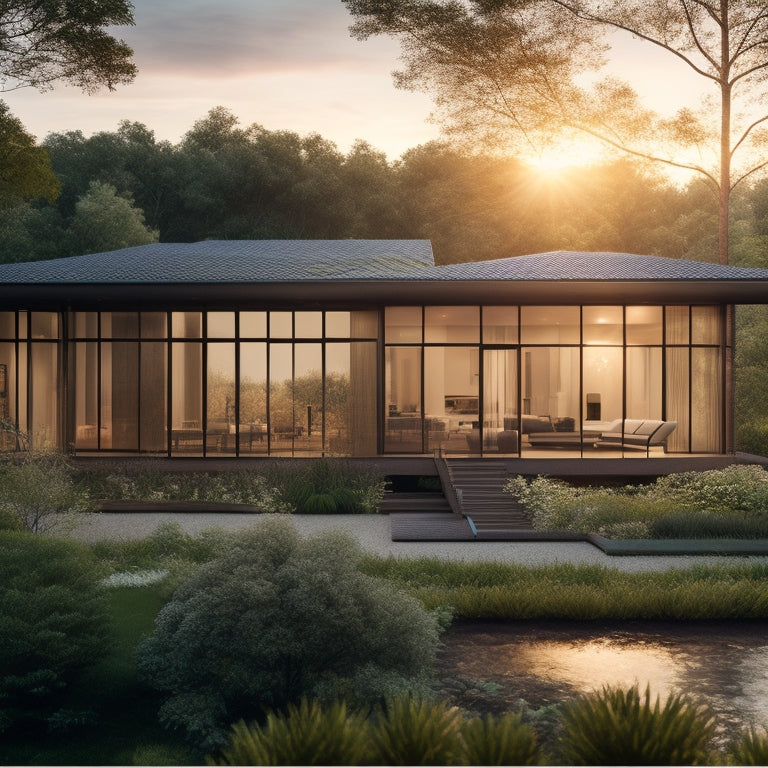 A serene, modern home with floor-to-ceiling windows, surrounded by lush greenery, featuring a subtle solar panel roof integration and a warm, earthy color palette, with a slight sunset glow.