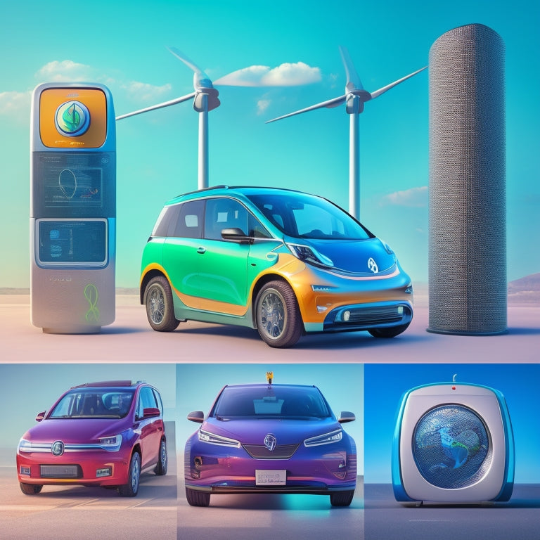 A stylized illustration of a electric vehicle (EV) with various sections highlighted in different colors, each containing a subtle icon: a battery for range, a dollar sign for cost, a charging plug for convenience, and a globe for environmental impact.