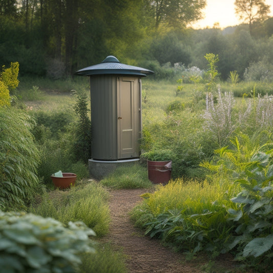 A serene off-grid homestead scene with a composting toilet in a cozy outhouse, surrounded by lush greenery, a water harvesting system, and a thriving vegetable garden in the background.
