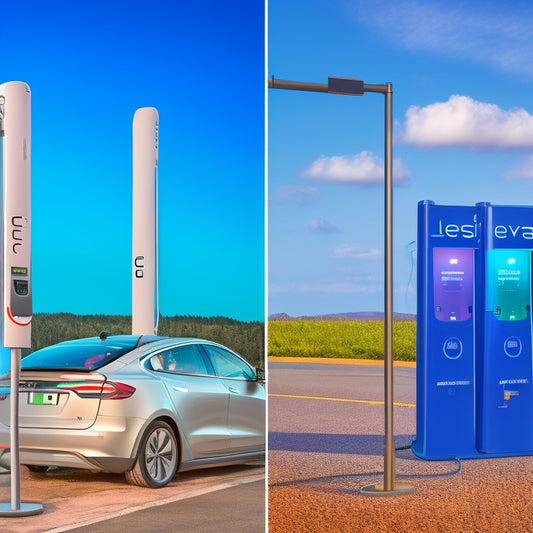 A split-screen illustration of various EV chargers (Level 2, DC Fast, Tesla Supercharger) connected to different network logos (e.g. ChargePoint, EVgo, Electrify America) on a contrasting background.