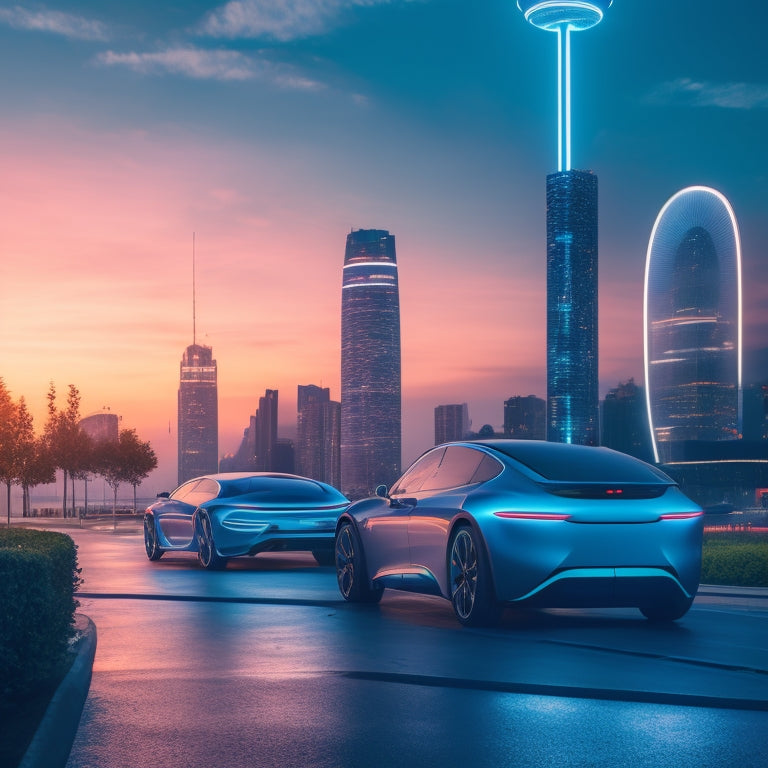 A futuristic cityscape at dusk with sleek, curved electric vehicles parked alongside modern charging stations, illuminated by soft blue LED lights, surrounded by vibrant greenery and minimalist architecture.