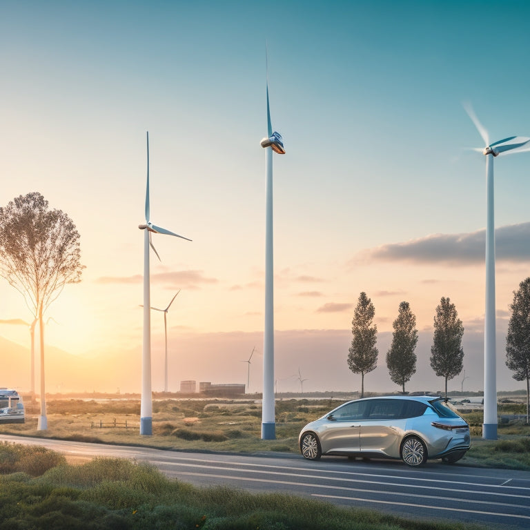 A futuristic cityscape at dusk with sleek, modern electric vehicle charging stations, surrounded by lush greenery, with wind turbines and solar panels in the background, under a bright blue sky with fluffy white clouds.