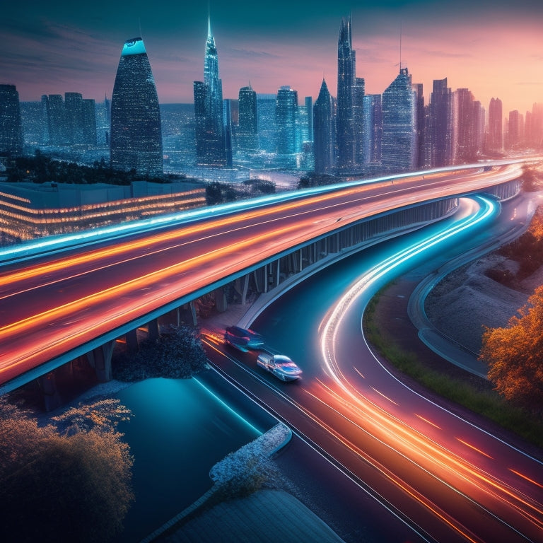 An illustration of a futuristic highway with sleek, electric vehicles gliding on a road embedded with glowing, electric circuit patterns, surrounded by a cityscape with towering skyscrapers and lush greenery.